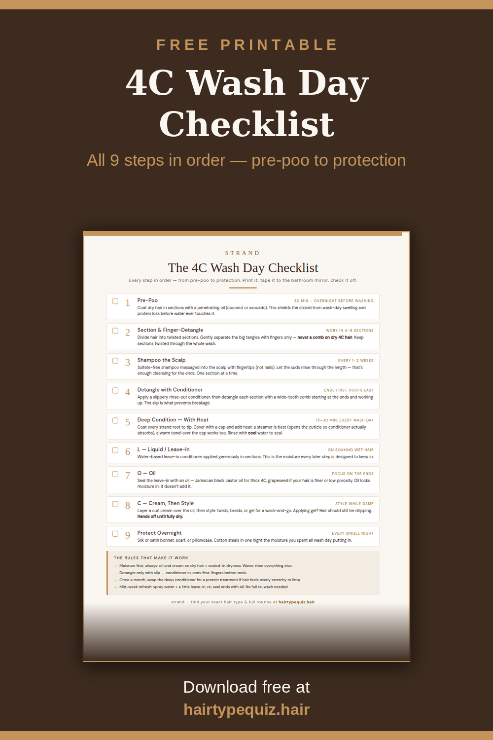 Preview of the 4C Wash Day Checklist — a one-page printable with 9 numbered steps from pre-poo to overnight protection